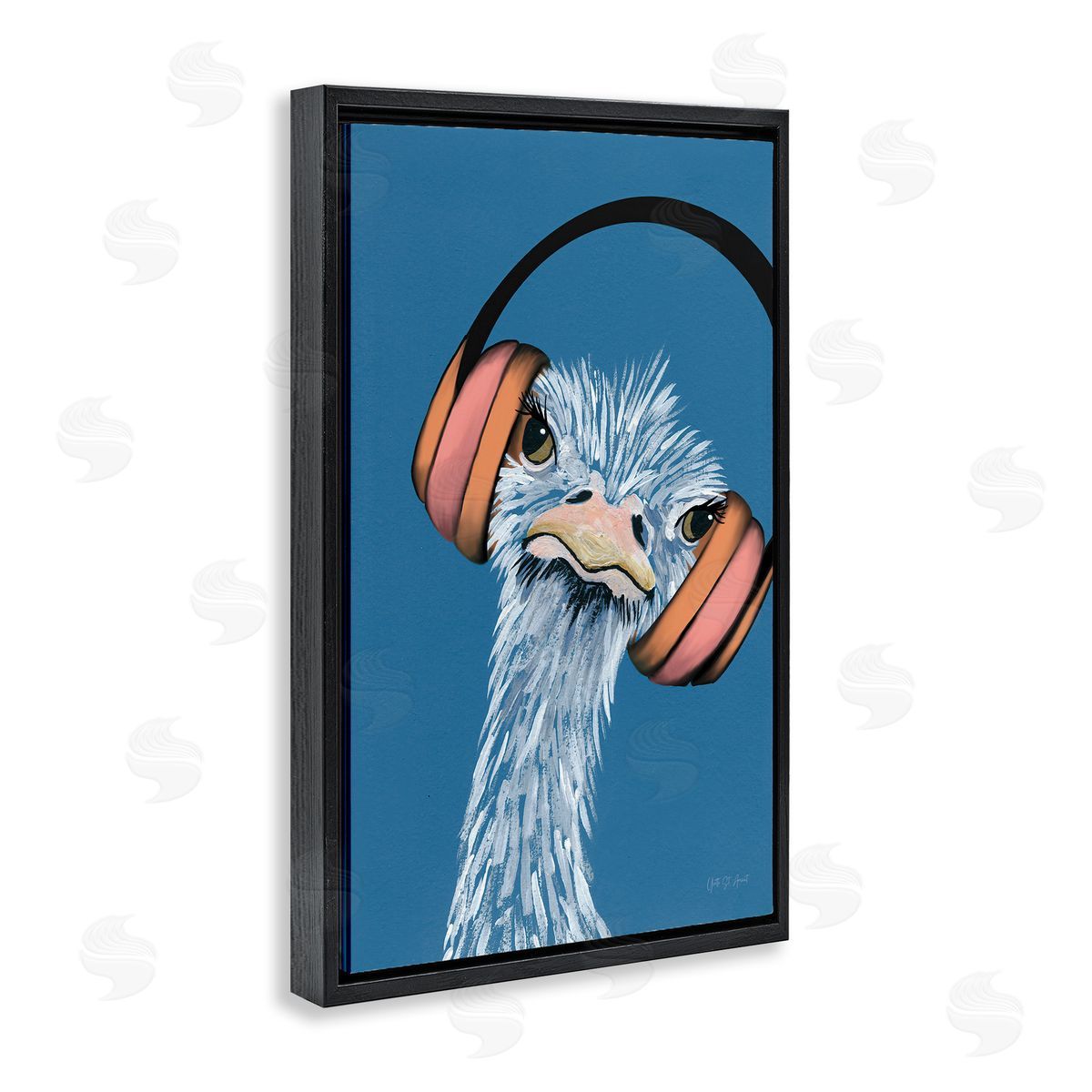 Ostrich with Headphones Black Floating Frame Canvas Wall Art, Home Decor by Yvette St. Amant