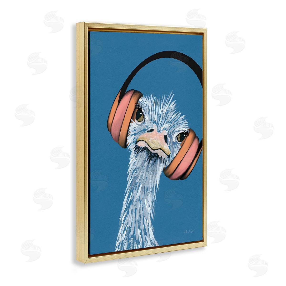 Ostrich with Headphones Gold Floating Frame Canvas Wall Art, Home Decor by Yvette St. Amant