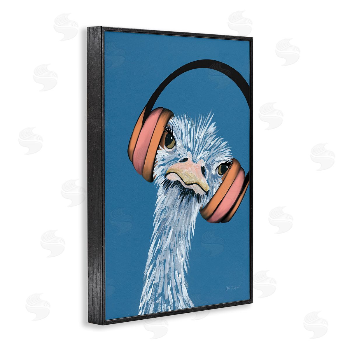 Ostrich with Headphones Black Frame Print Wall Art, Home Decor by Yvette St. Amant