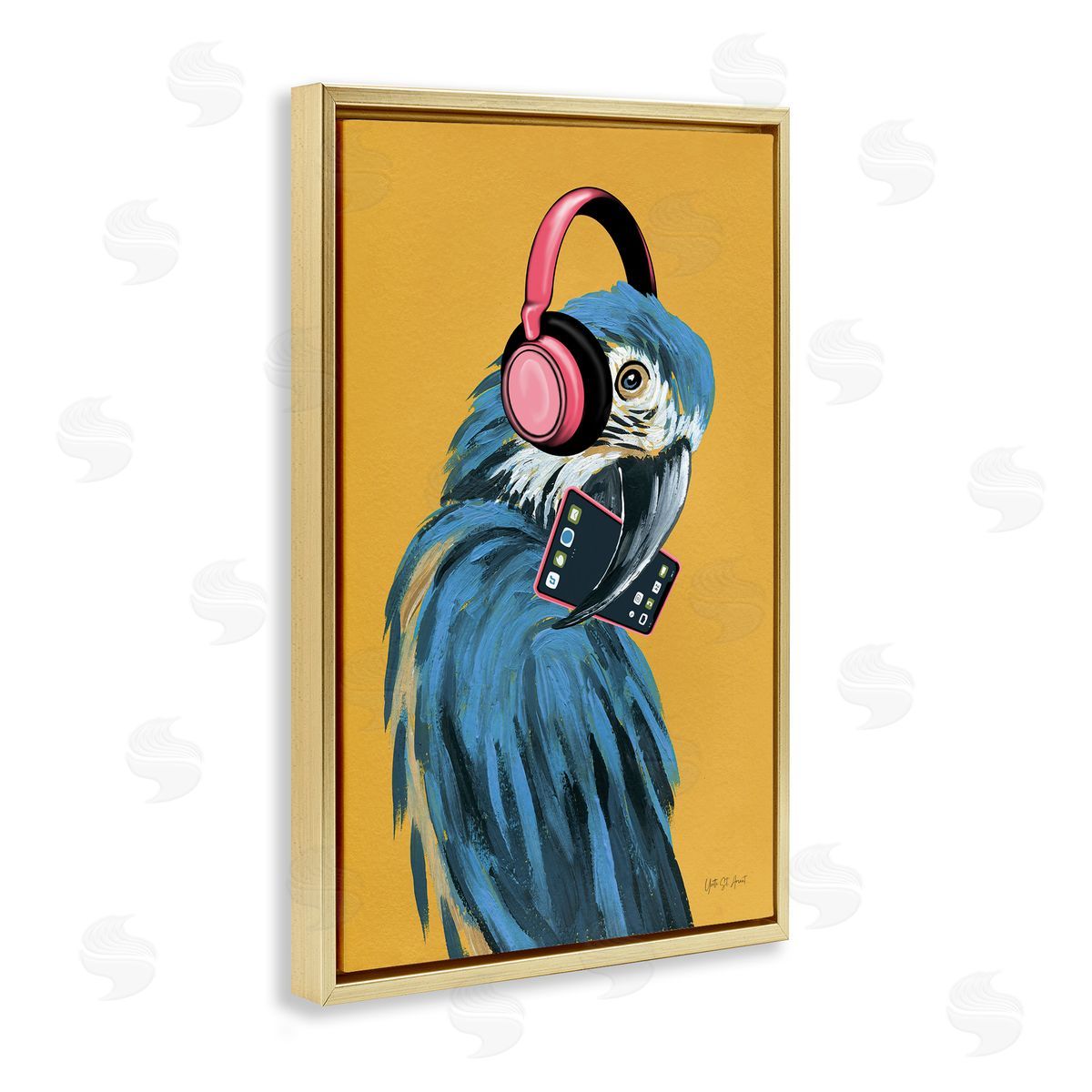 Parrot Listening to Music Gold Floating Frame Canvas Wall Art, Home Decor by Yvette St. Amant