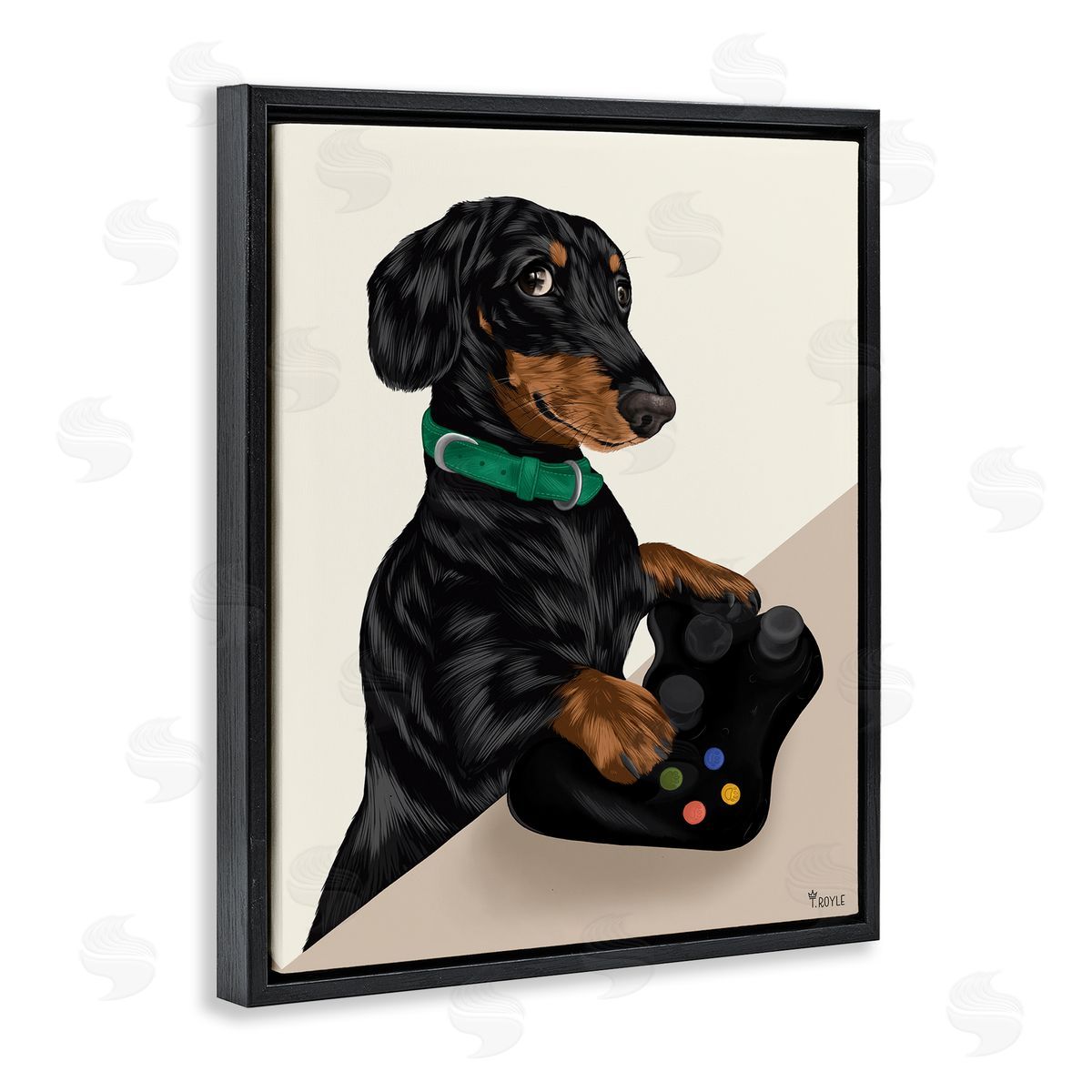 Gamer Dachshund Dog Black Floating Frame Canvas Wall Art, Home Decor by Tara Royle