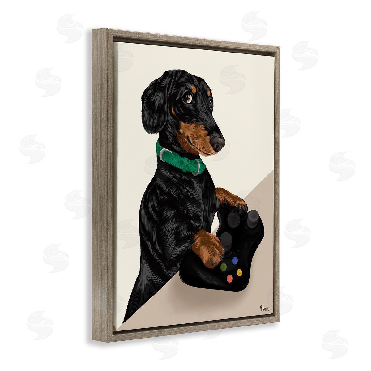 Gamer Dachshund Dog Brown Floating Frame Canvas Wall Art, Home Decor by Tara Royle