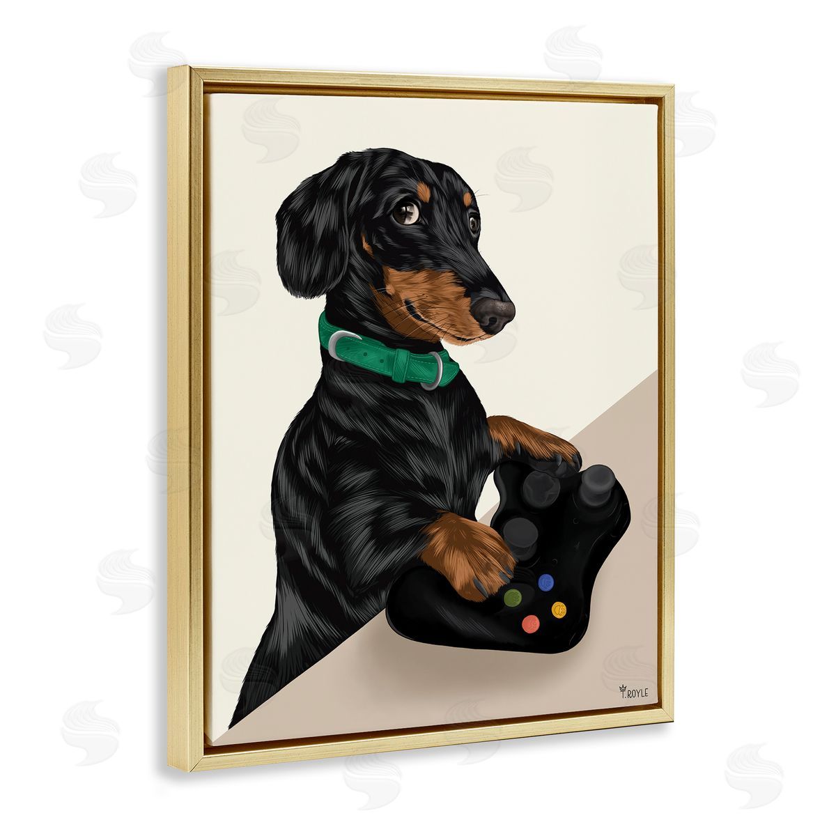 Gamer Dachshund Dog Gold Floating Frame Canvas Wall Art, Home Decor by Tara Royle