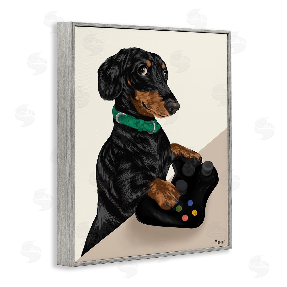 Gamer Dachshund Dog Grey Frame Print Wall Art, Home Decor by Tara Royle