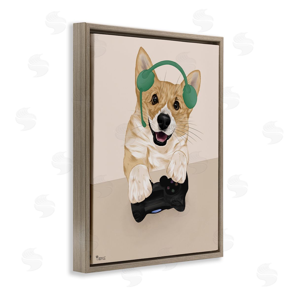 Happy Gamer Dog Brown Floating Frame Canvas Wall Art, Home Decor by Tara Royle