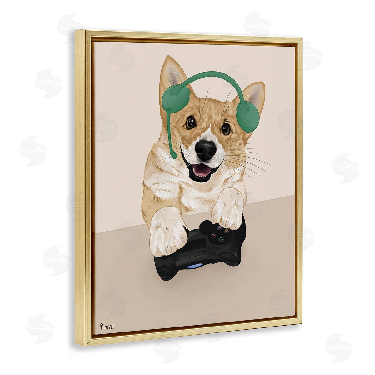 Happy Gamer Dog Gold Floating Frame Canvas Wall Art, Home Decor by Tara Royle