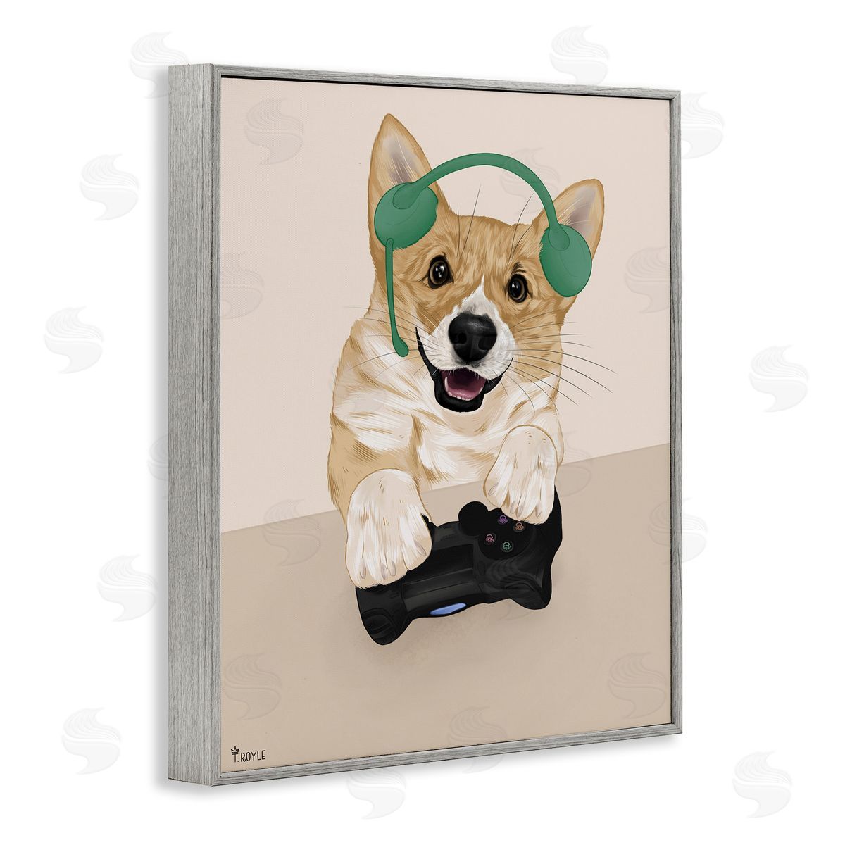 Happy Gamer Dog Grey Frame Print Wall Art, Home Decor by Tara Royle