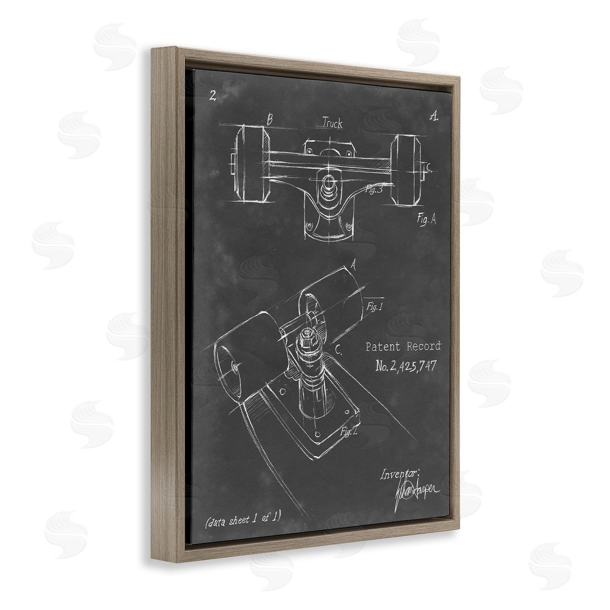 Skateboard Truck Blueprint Brown Floating Frame Canvas Wall Art, Home Decor by Ethan Harper