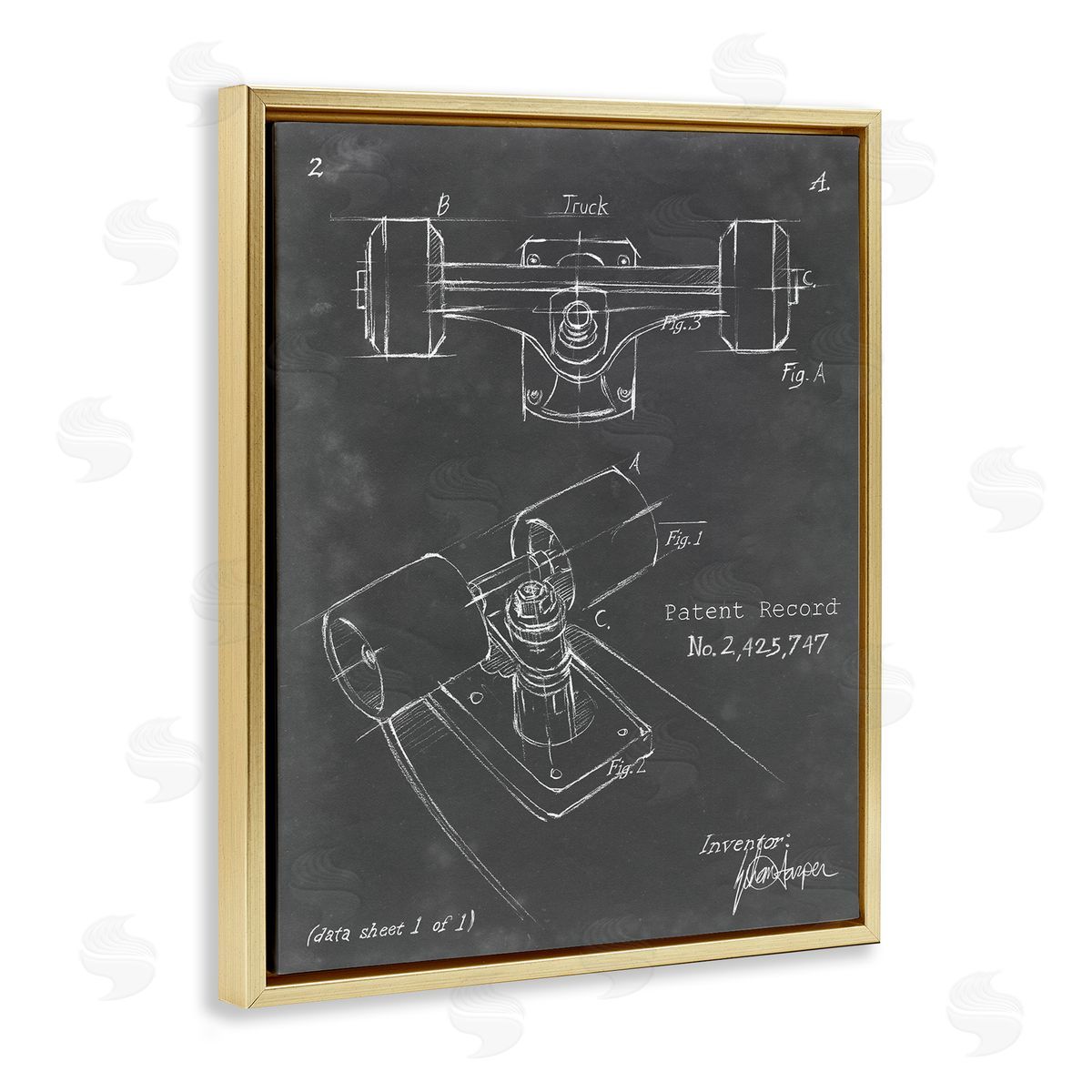 Skateboard Truck Blueprint Gold Floating Frame Canvas Wall Art, Home Decor by Ethan Harper