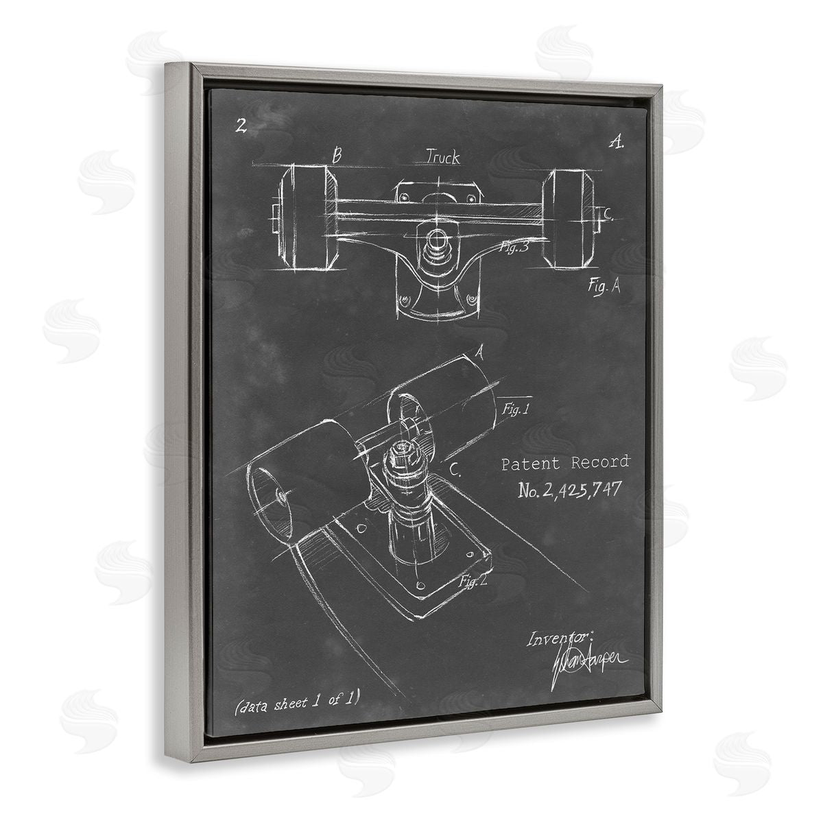 Skateboard Truck Blueprint Grey Floating Frame Canvas Wall Art, Home Decor by Ethan Harper
