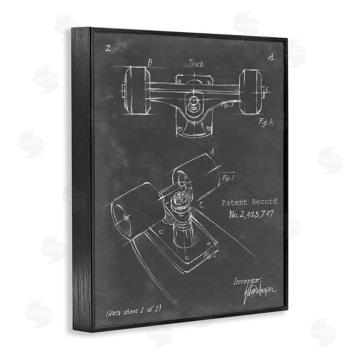 Skateboard Truck Blueprint Black Frame Print Wall Art, Home Decor by Ethan Harper