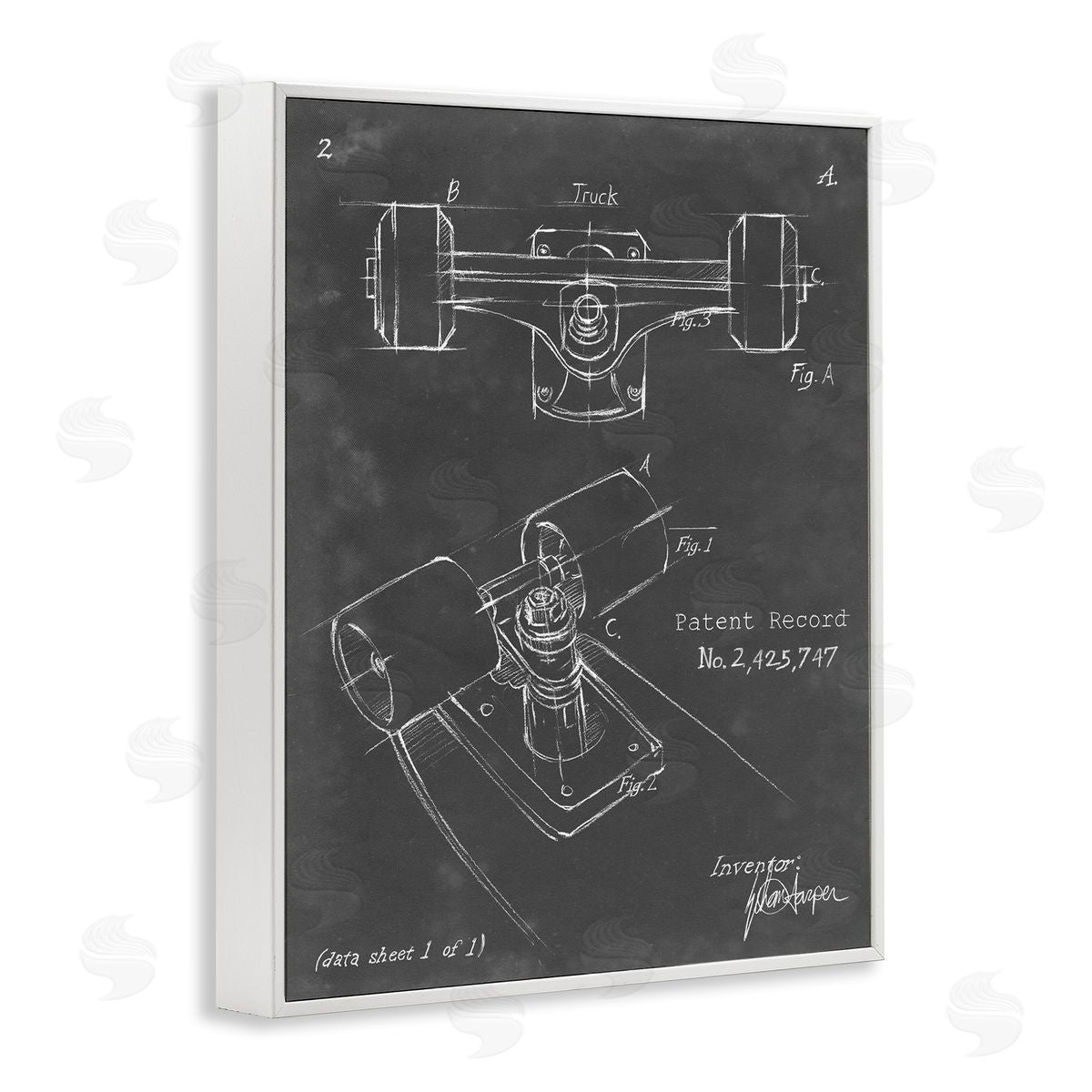 Skateboard Truck Blueprint White Frame Print Wall Art, Home Decor by Ethan Harper