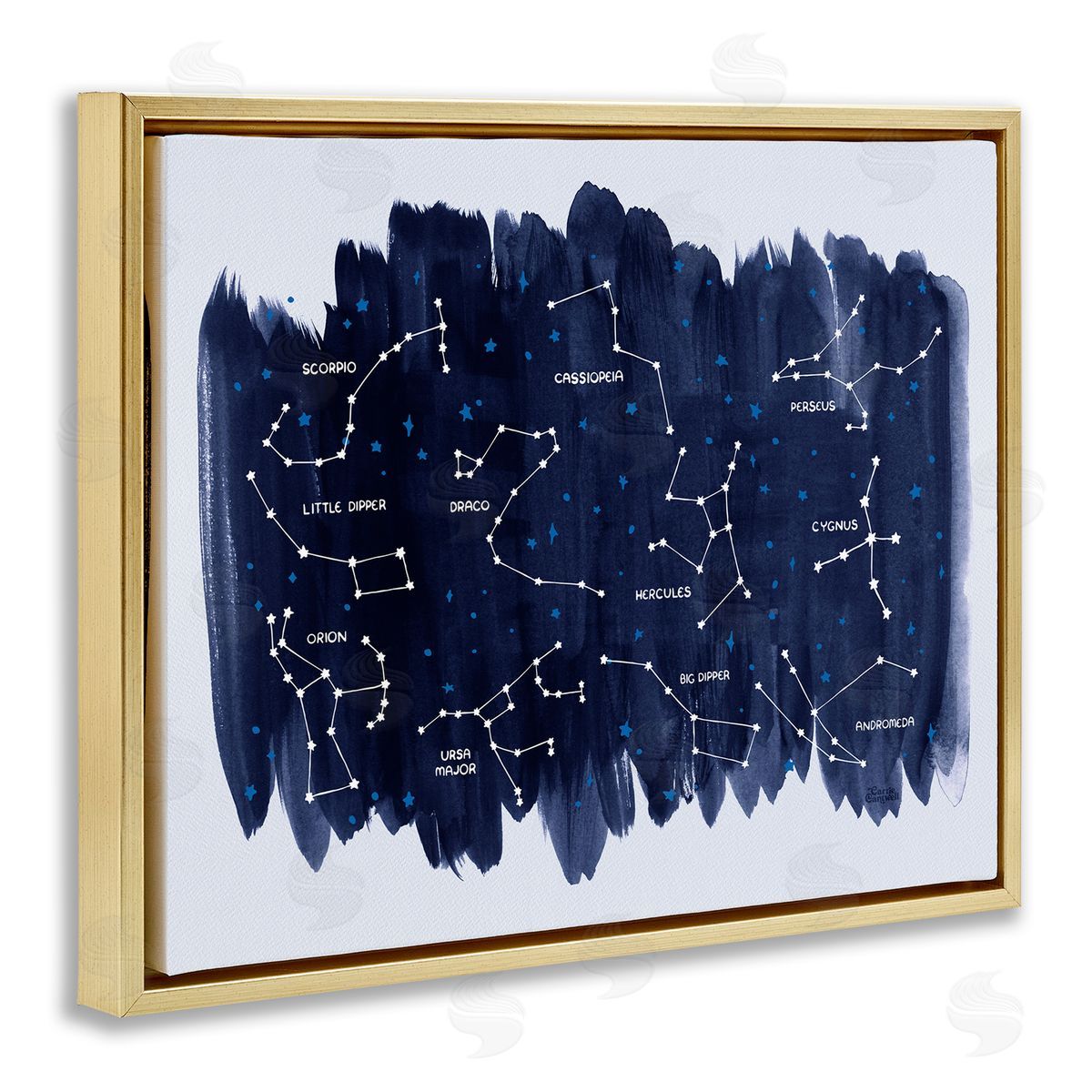 Constellations on Blue Gold Floating Frame Canvas Wall Art, Home Decor by Carrie Cantwell