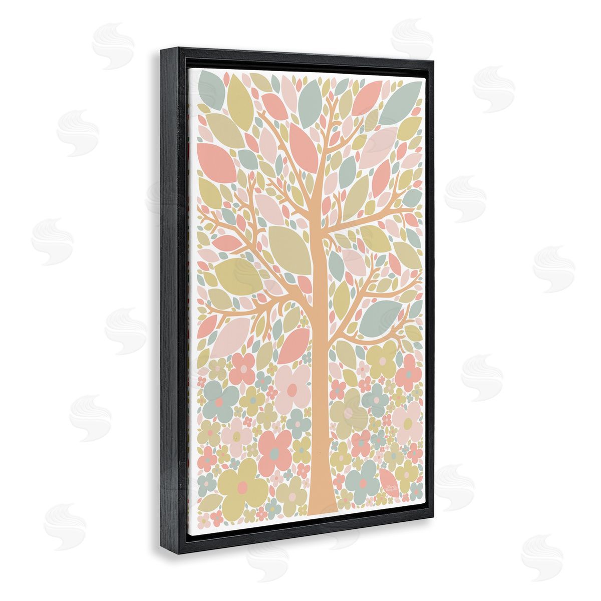 Tree with Pastel Leaves Black Floating Frame Canvas Wall Art, Home Decor by Carrie Cantwell
