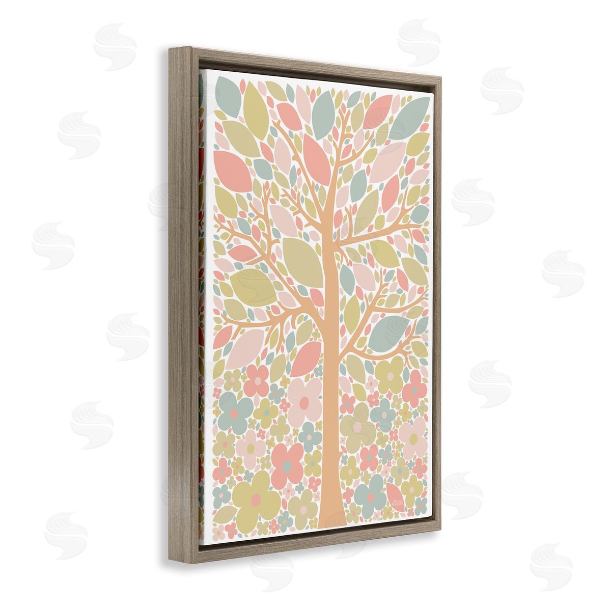Tree with Pastel Leaves Brown Floating Frame Canvas Wall Art, Home Decor by Carrie Cantwell