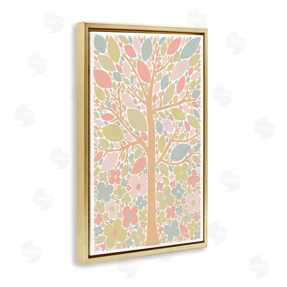Tree with Pastel Leaves Gold Floating Frame Canvas Wall Art, Home Decor by Carrie Cantwell