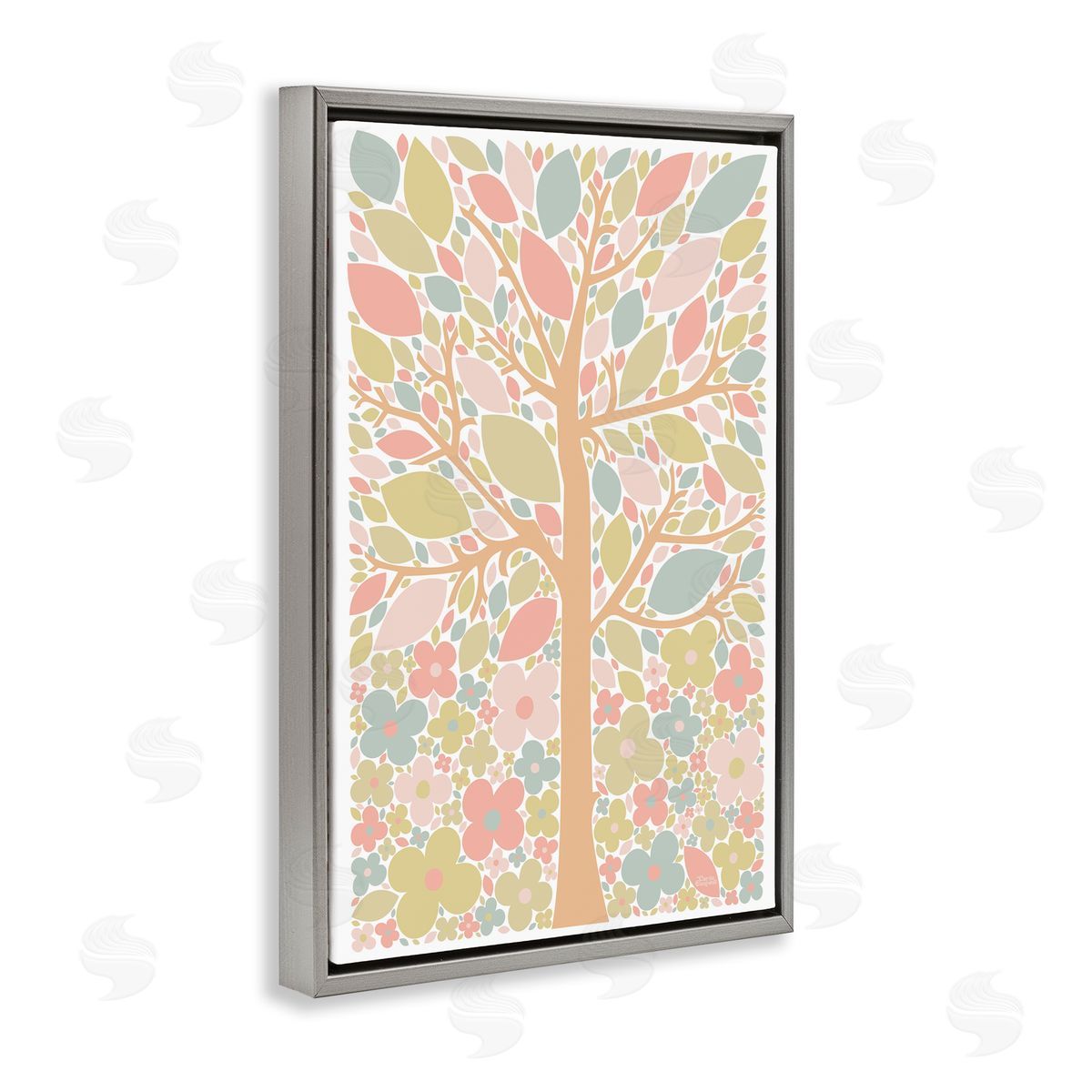 Tree with Pastel Leaves Grey Floating Frame Canvas Wall Art, Home Decor by Carrie Cantwell