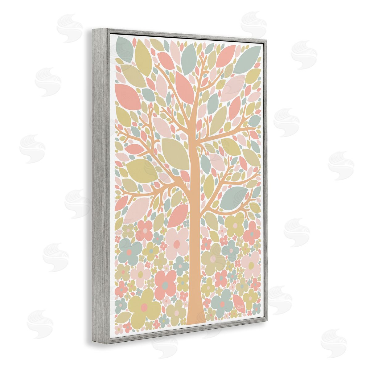 Tree with Pastel Leaves Grey Frame Print Wall Art, Home Decor by Carrie Cantwell