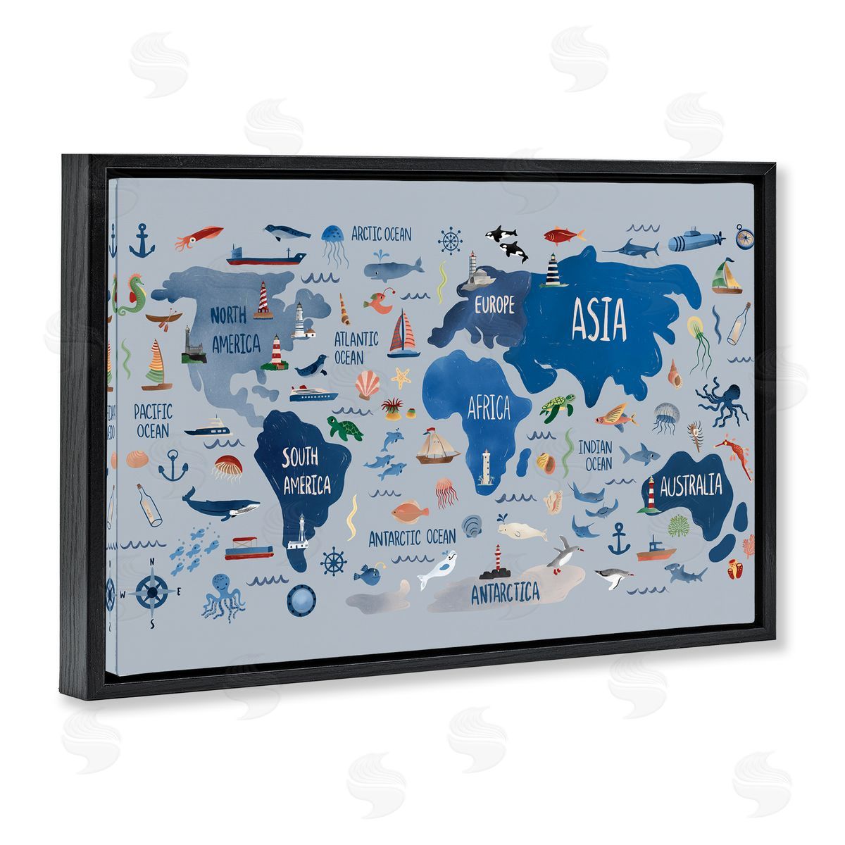 Nautical Themed Map Black Floating Frame Canvas Wall Art, Home Decor by Carrie Cantwell