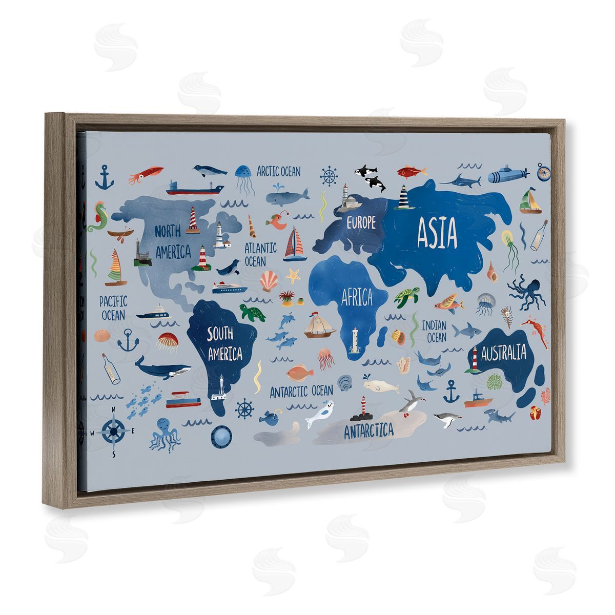Nautical Themed Map Brown Floating Frame Canvas Wall Art, Home Decor by Carrie Cantwell