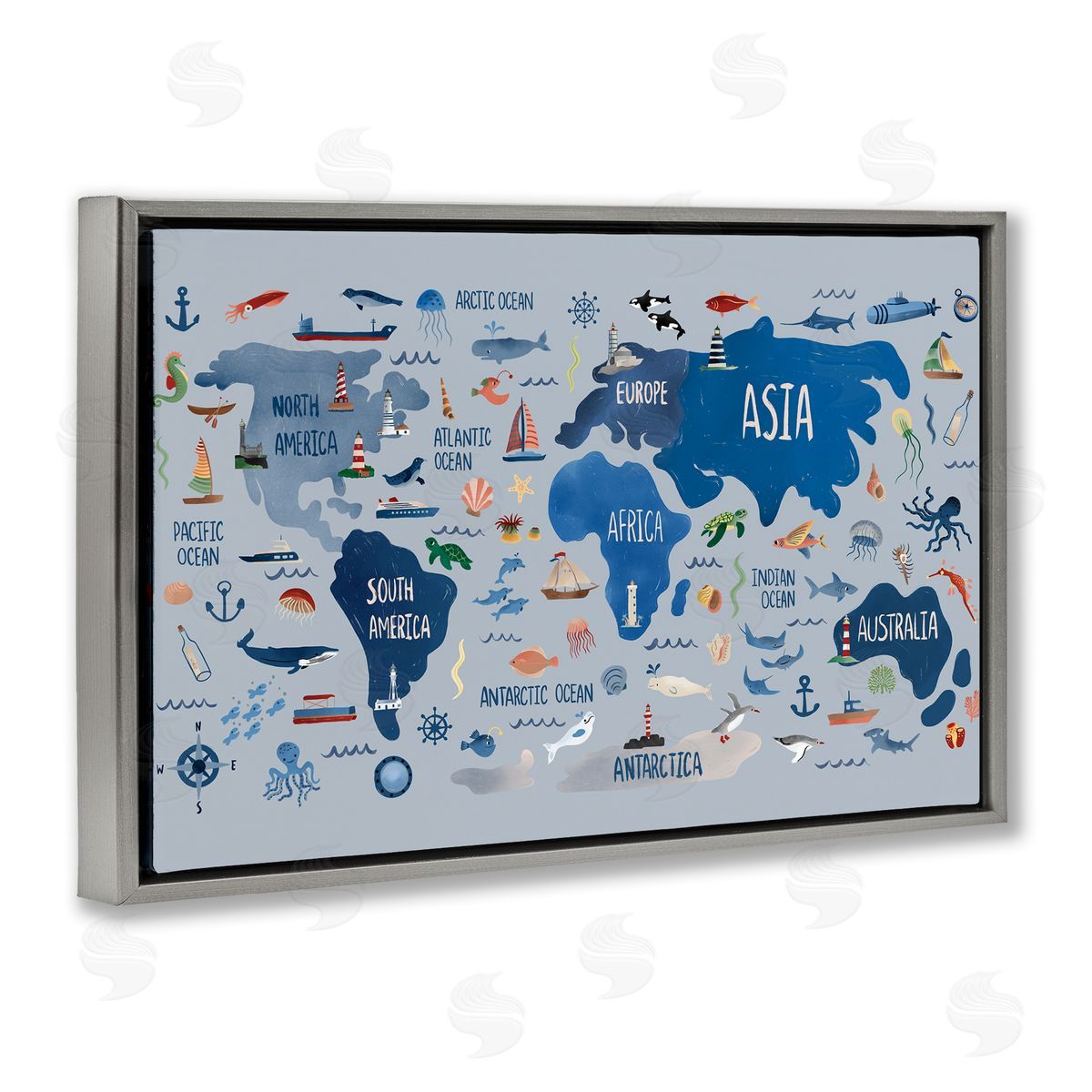 Nautical Themed Map Grey Floating Frame Canvas Wall Art, Home Decor by Carrie Cantwell