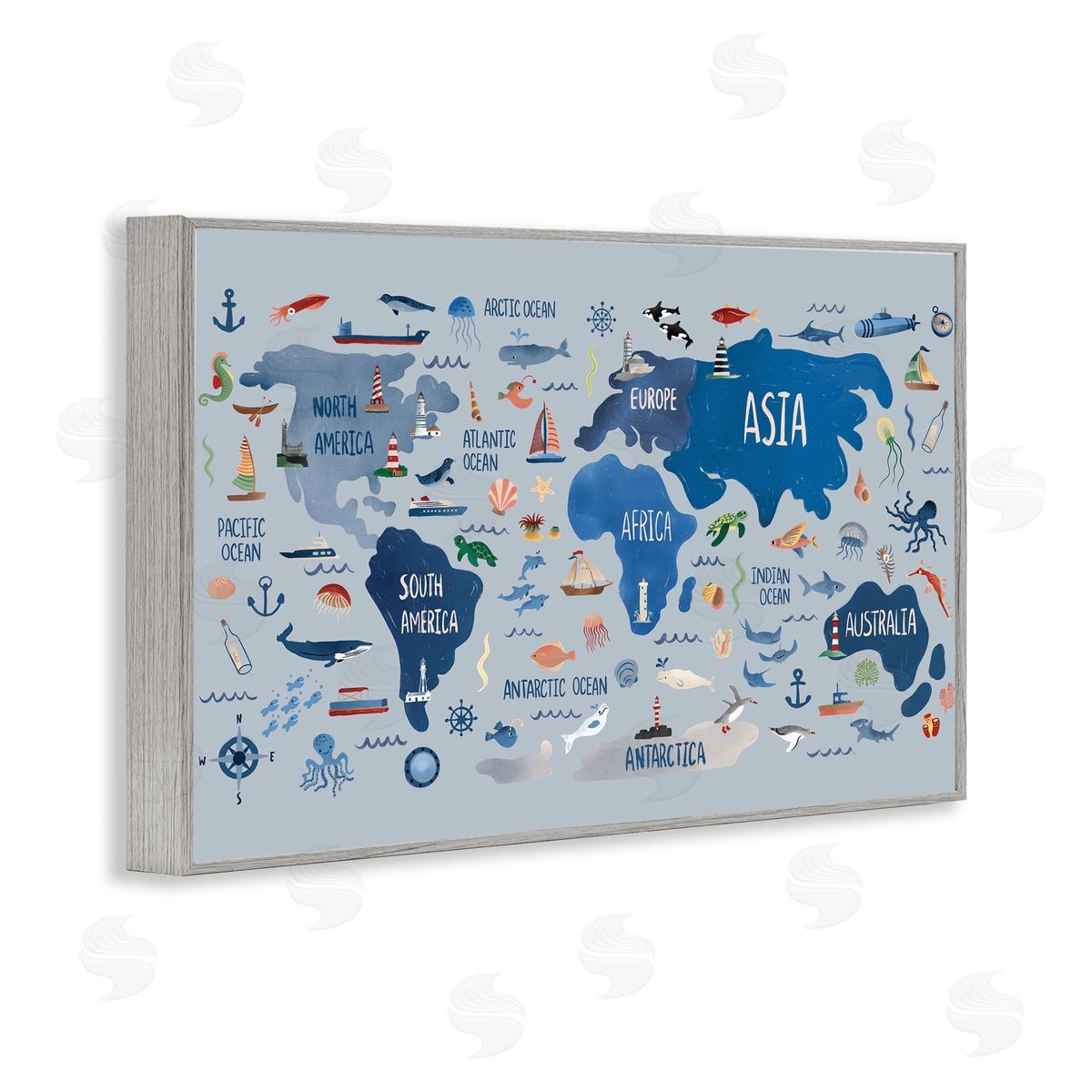 Nautical Themed Map Grey Frame Print Wall Art, Home Decor by Carrie Cantwell