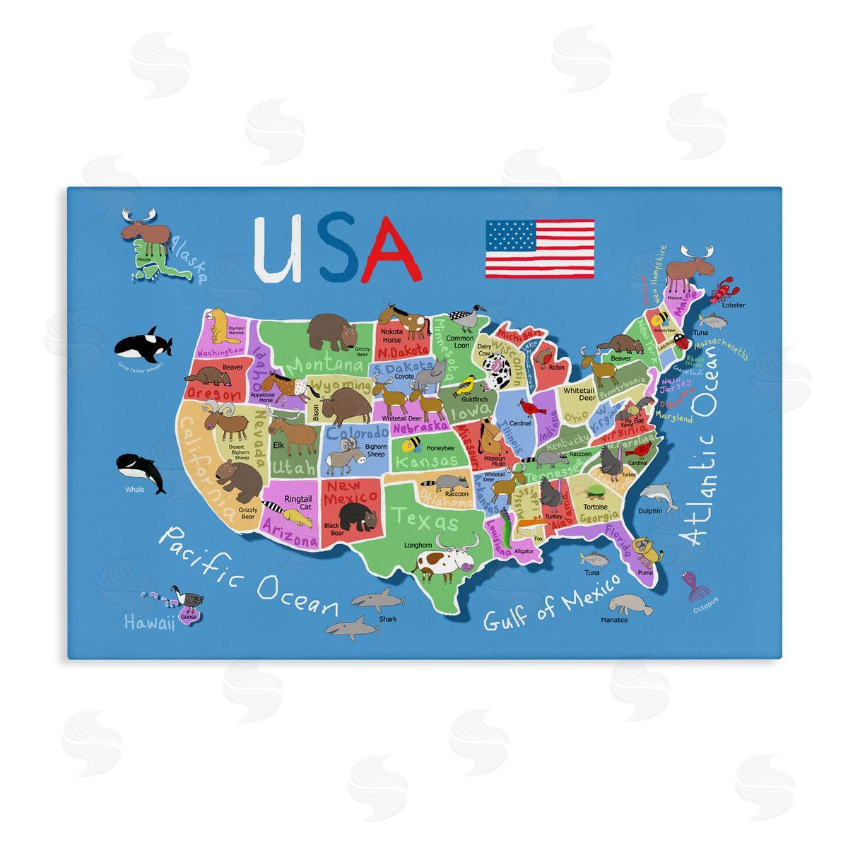 United States Animal Map Canvas Wall Art, Home Decor by Carla Daly