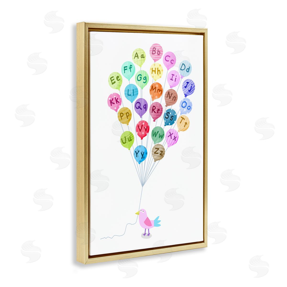 Bird and Alphabet Balloons Gold Floating Frame Canvas Wall Art, Home Decor by Carla Daly