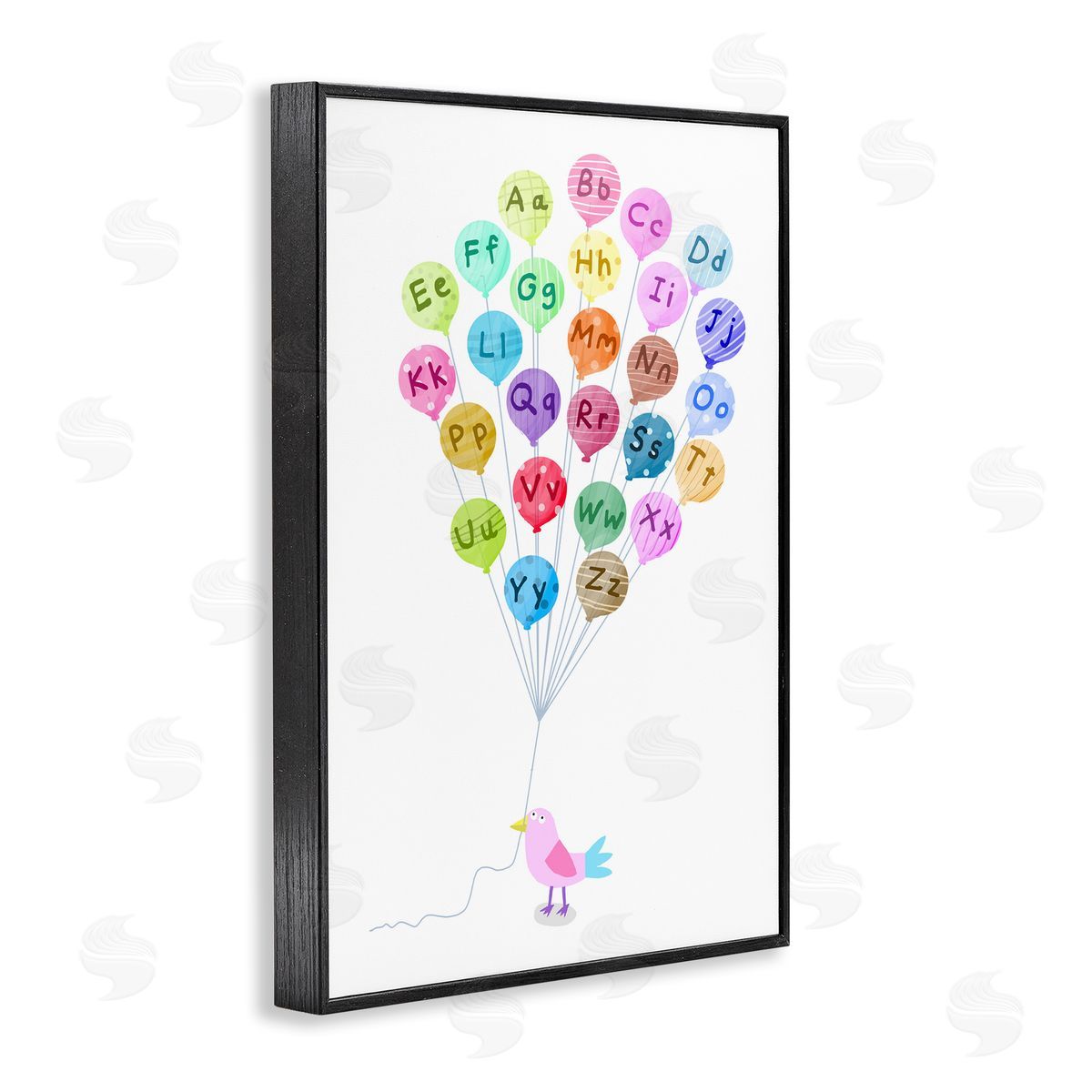 Bird and Alphabet Balloons Black Frame Print Wall Art, Home Decor by Carla Daly