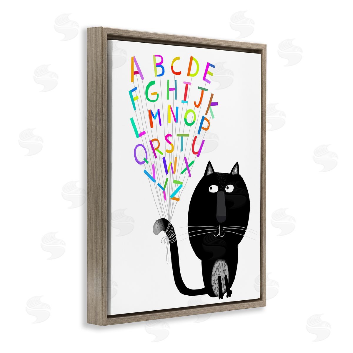 Cat with Alphabet Brown Floating Frame Canvas Wall Art, Home Decor by Carla Daly