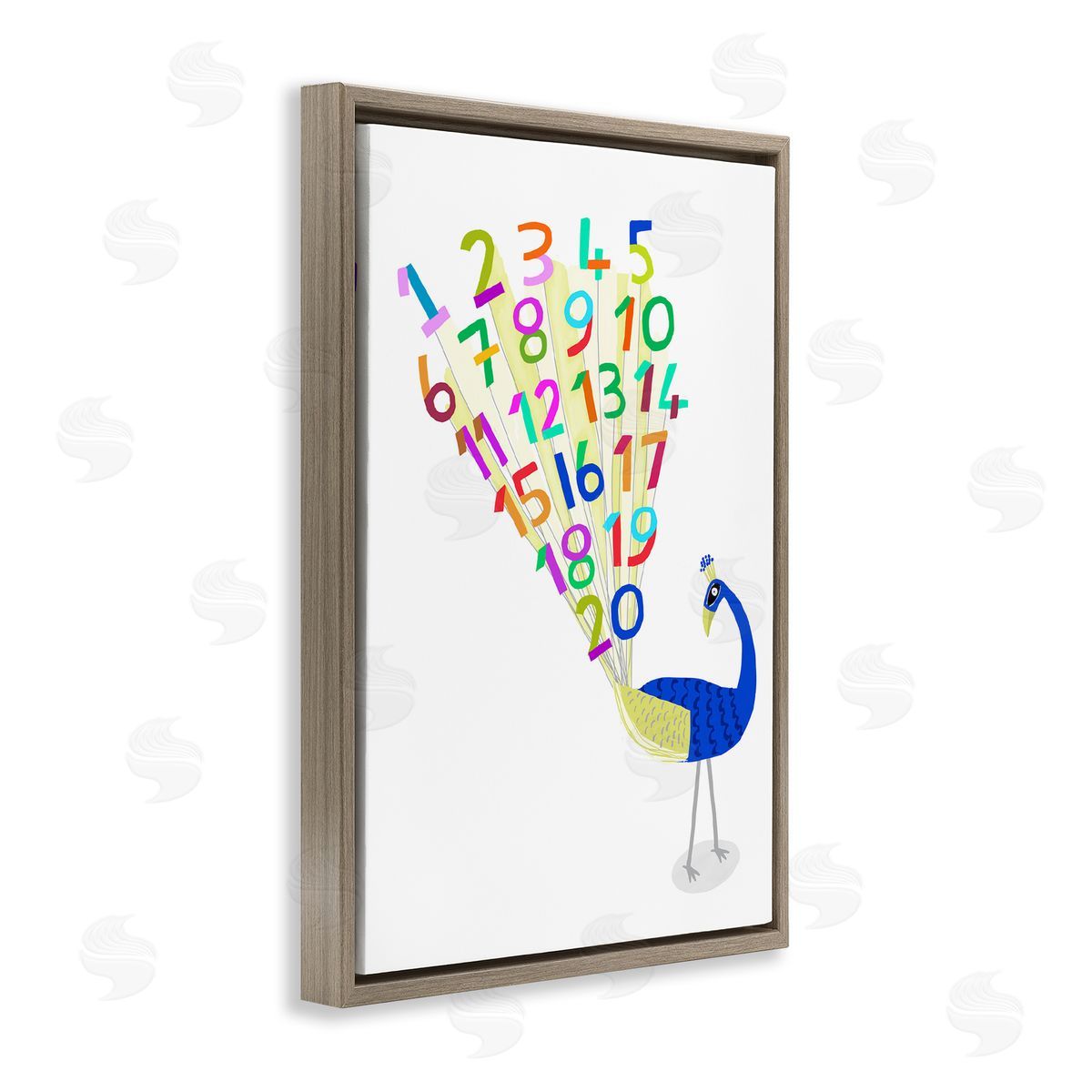 Peacock with Numbers Brown Floating Frame Canvas Wall Art, Home Decor by Carla Daly