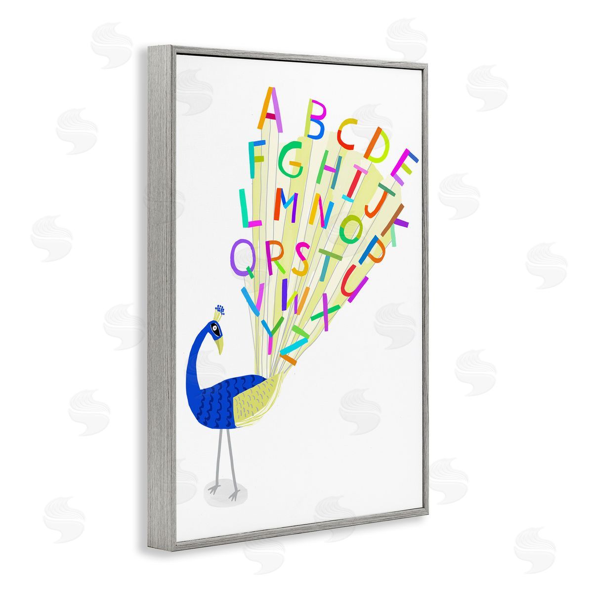 Peacock Alphabet Feathers Grey Frame Print Wall Art, Home Decor by Carla Daly