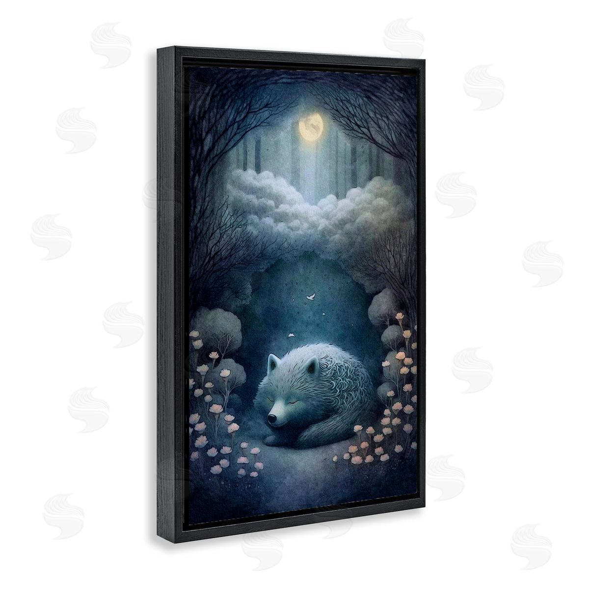 Mystic White Wolf Black Floating Frame Canvas Wall Art, Home Decor by The Dutch Lady
