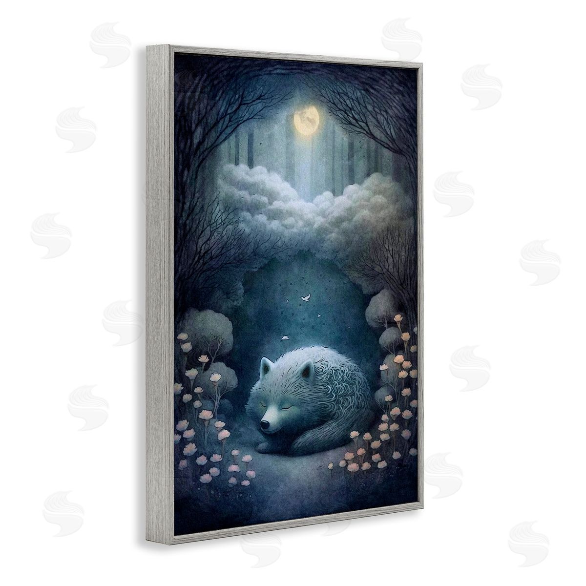 Mystic White Wolf Grey Frame Print Wall Art, Home Decor by The Dutch Lady