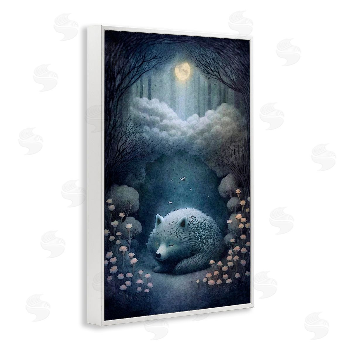 Mystic White Wolf White Frame Print Wall Art, Home Decor by The Dutch Lady