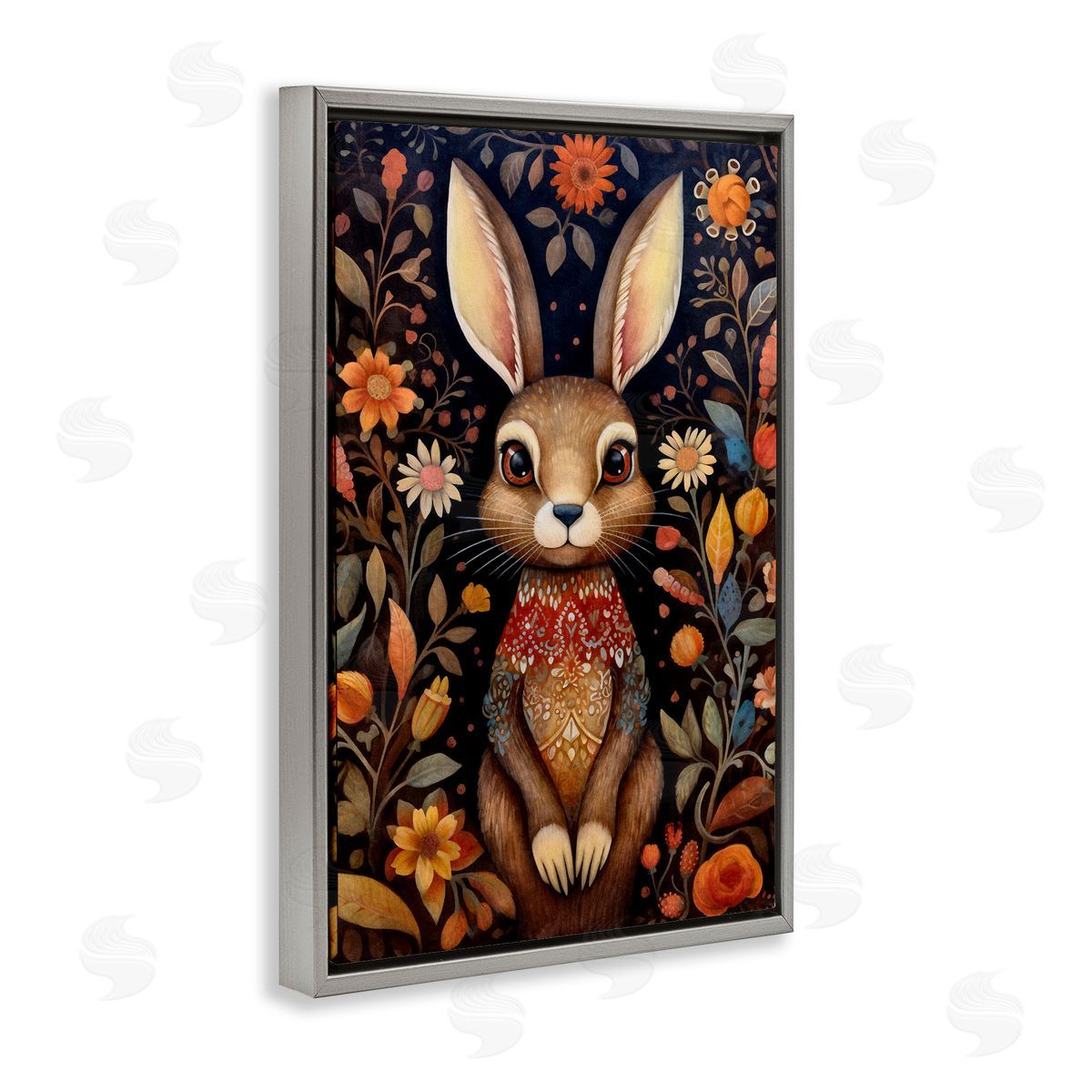 Woodland Pattern Rabbit Grey Floating Frame Canvas Wall Art, Home Decor by The Dutch Lady