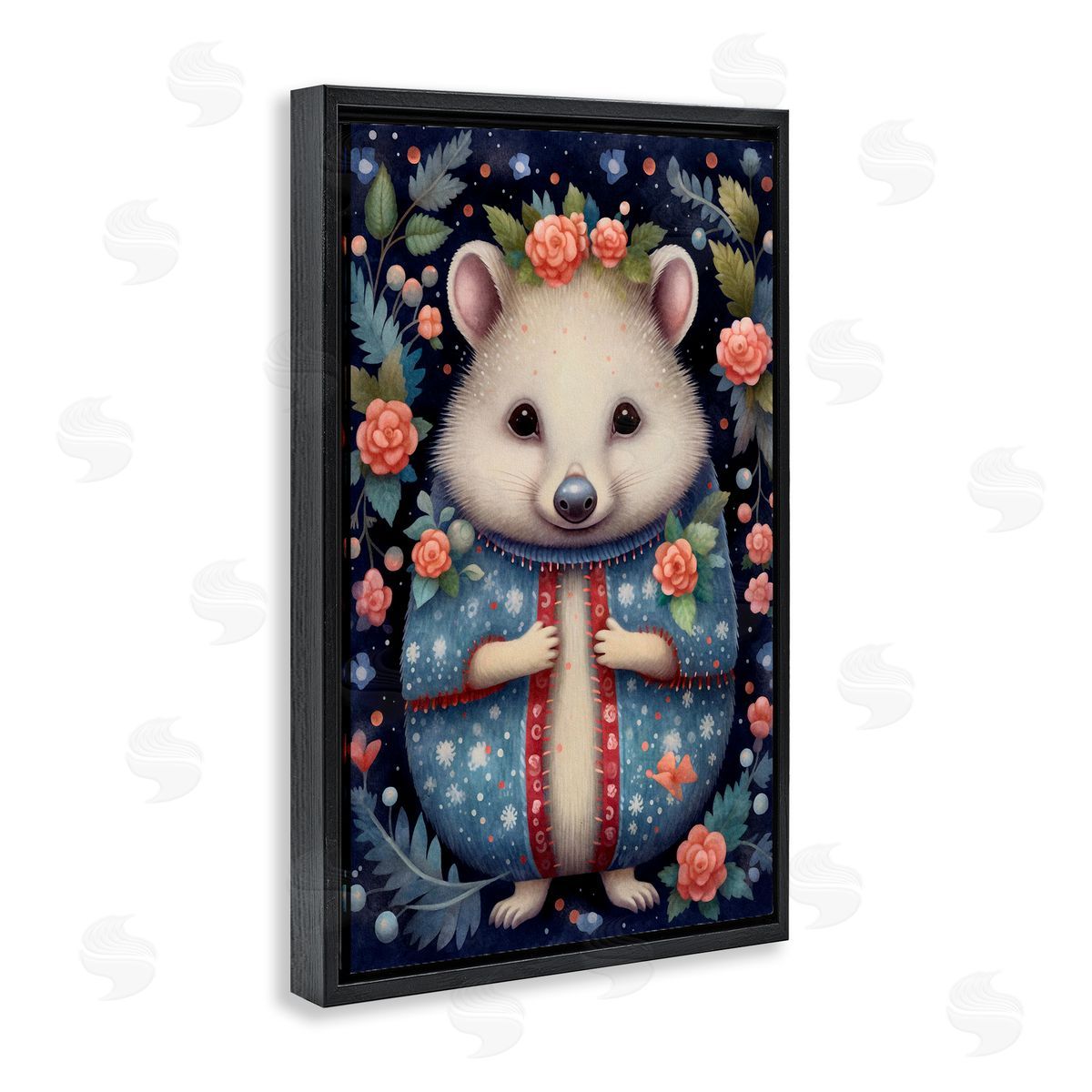 Woodland Pattern Hedgehog Black Floating Frame Canvas Wall Art, Home Decor by The Dutch Lady