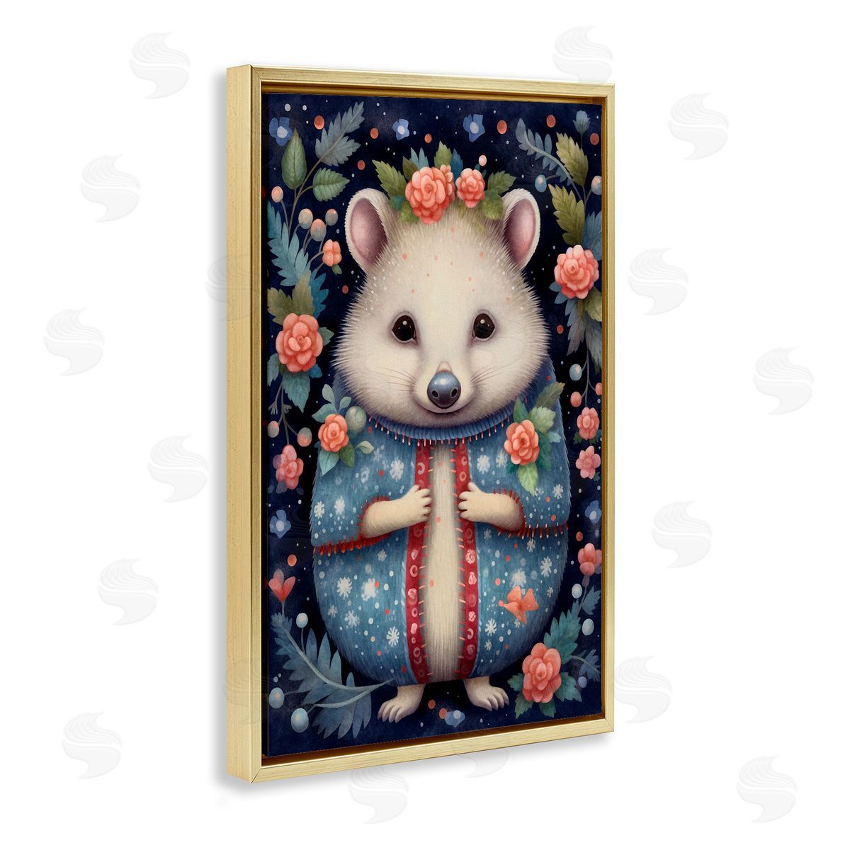 Woodland Pattern Hedgehog Gold Floating Frame Canvas Wall Art, Home Decor by The Dutch Lady