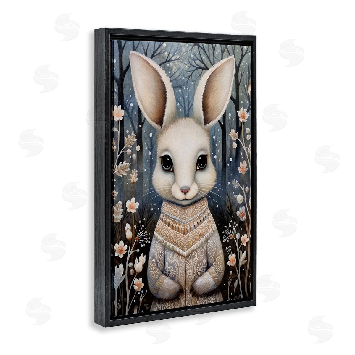 Woodland White Rabbit Black Floating Frame Canvas Wall Art, Home Decor by The Dutch Lady