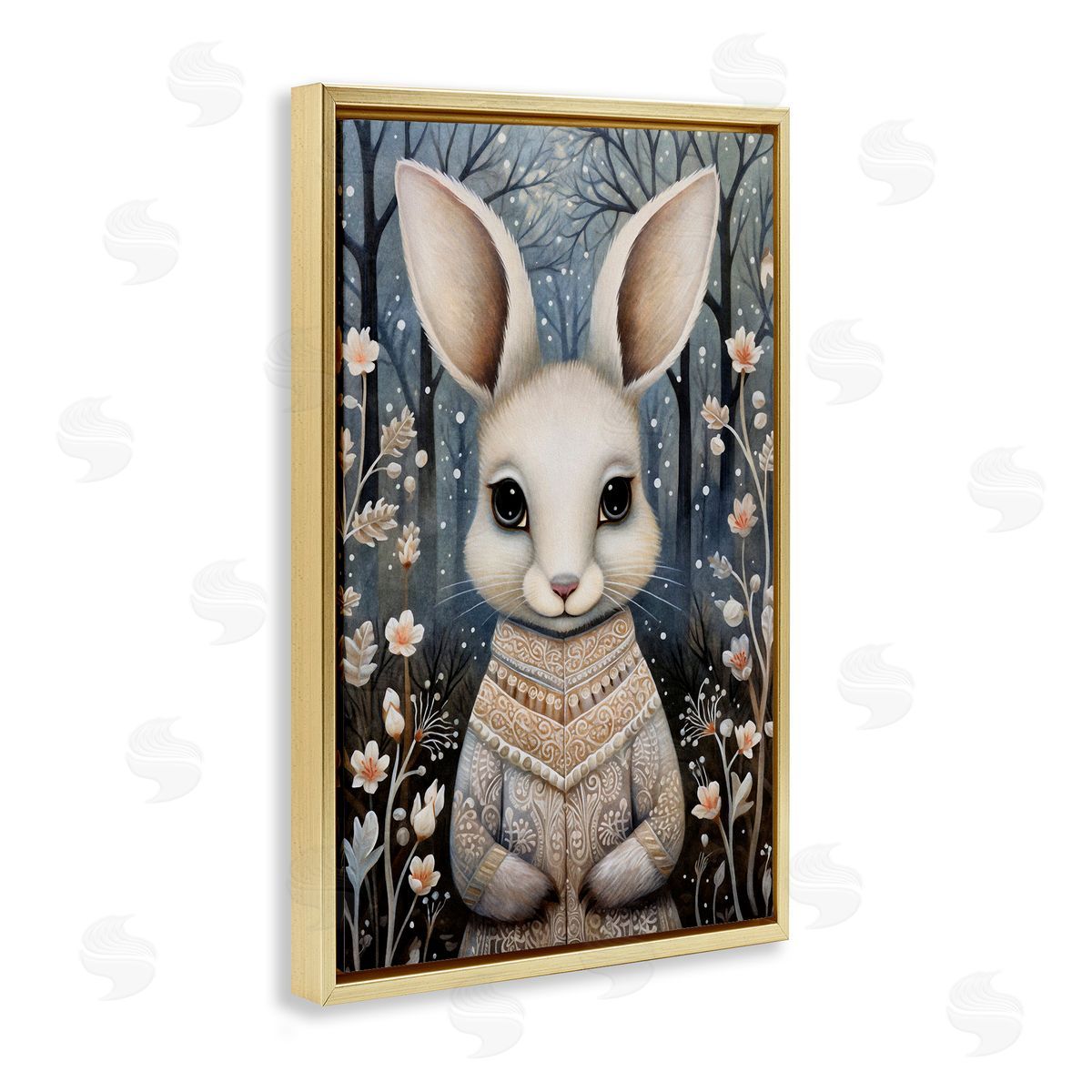 Woodland White Rabbit Gold Floating Frame Canvas Wall Art, Home Decor by The Dutch Lady