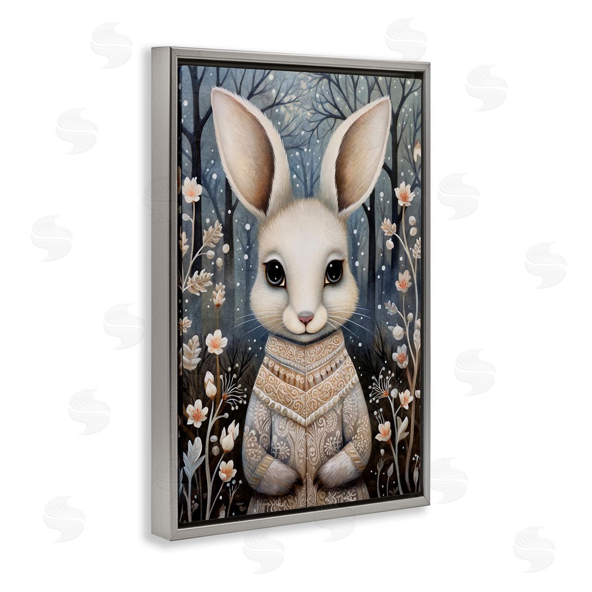 Woodland White Rabbit Grey Floating Frame Canvas Wall Art, Home Decor by The Dutch Lady