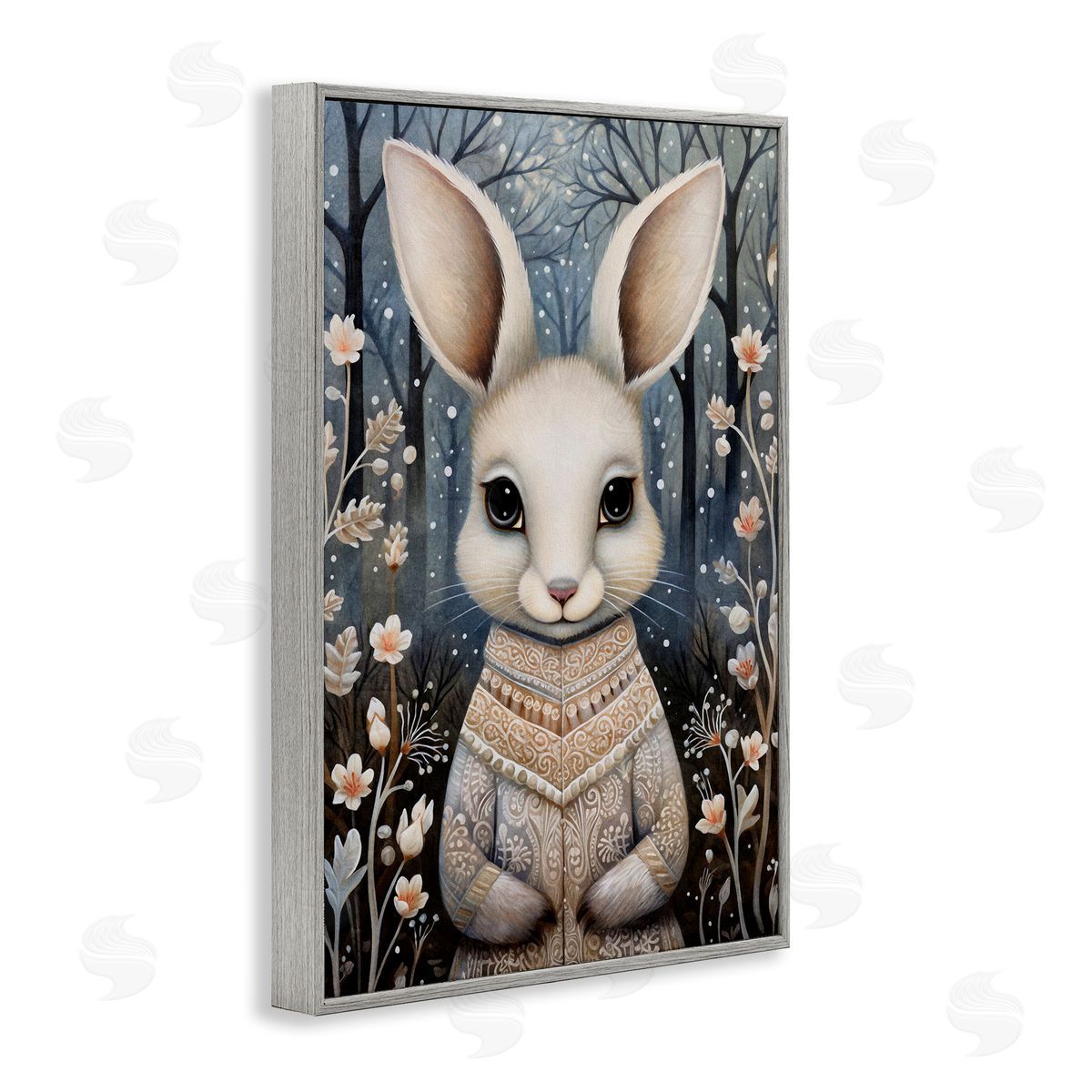 Woodland White Rabbit Grey Frame Print Wall Art, Home Decor by The Dutch Lady