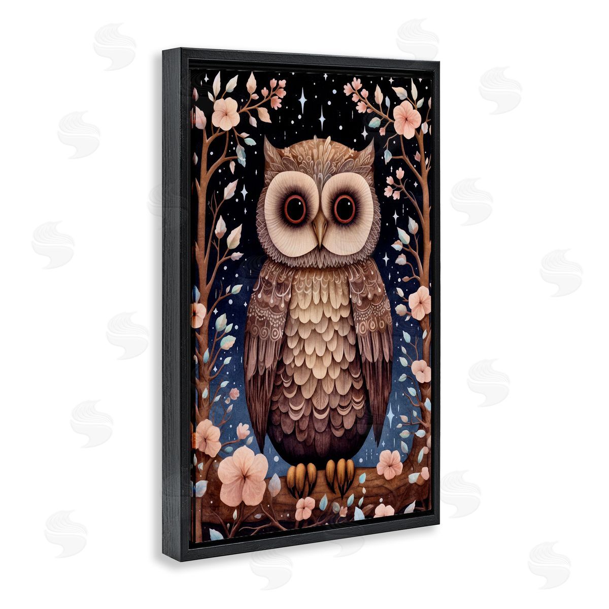 Woodland Pattern Owl Black Floating Frame Canvas Wall Art, Home Decor by The Dutch Lady