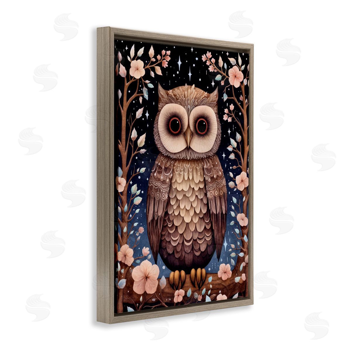 Woodland Pattern Owl Brown Floating Frame Canvas Wall Art, Home Decor by The Dutch Lady