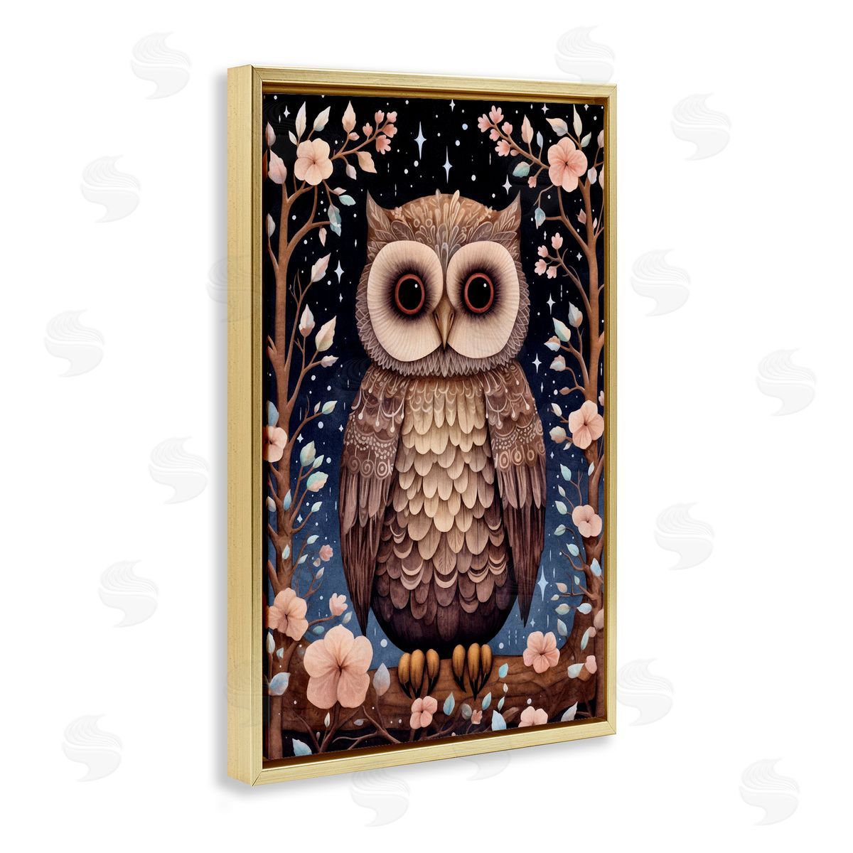 Woodland Pattern Owl Gold Floating Frame Canvas Wall Art, Home Decor by The Dutch Lady