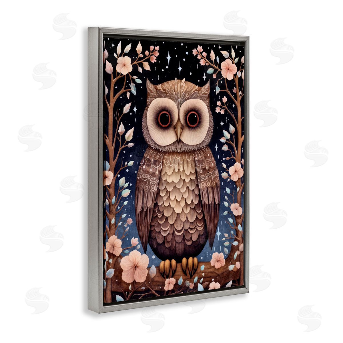 Woodland Pattern Owl Grey Floating Frame Canvas Wall Art, Home Decor by The Dutch Lady