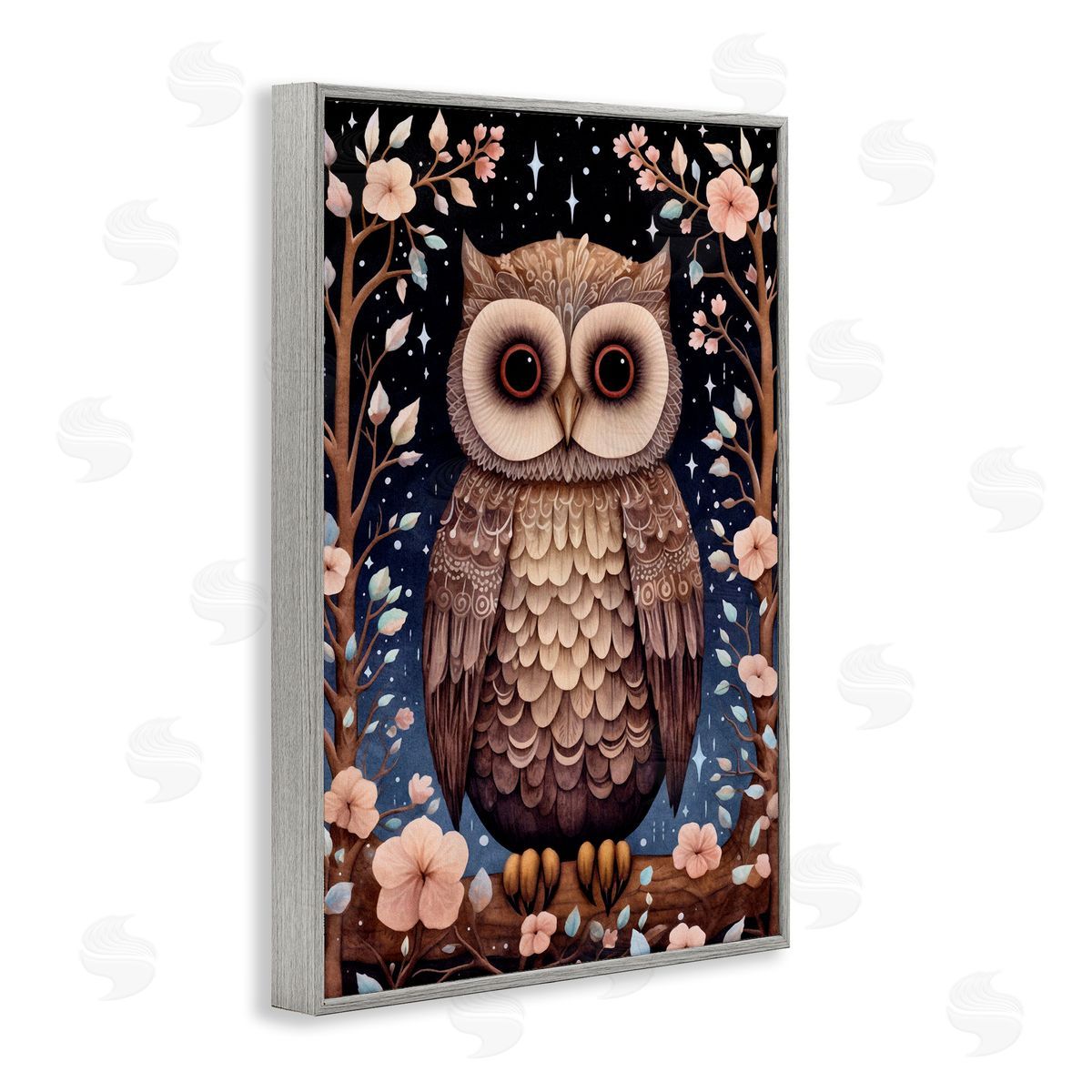Woodland Pattern Owl Grey Frame Print Wall Art, Home Decor by The Dutch Lady