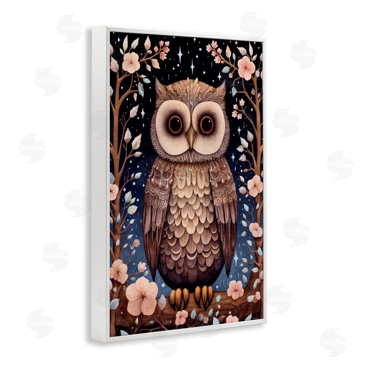 Woodland Pattern Owl White Frame Print Wall Art, Home Decor by The Dutch Lady