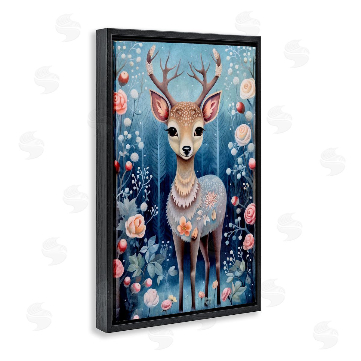 Woodland Pattern Deer Black Floating Frame Canvas Wall Art, Home Decor by The Dutch Lady