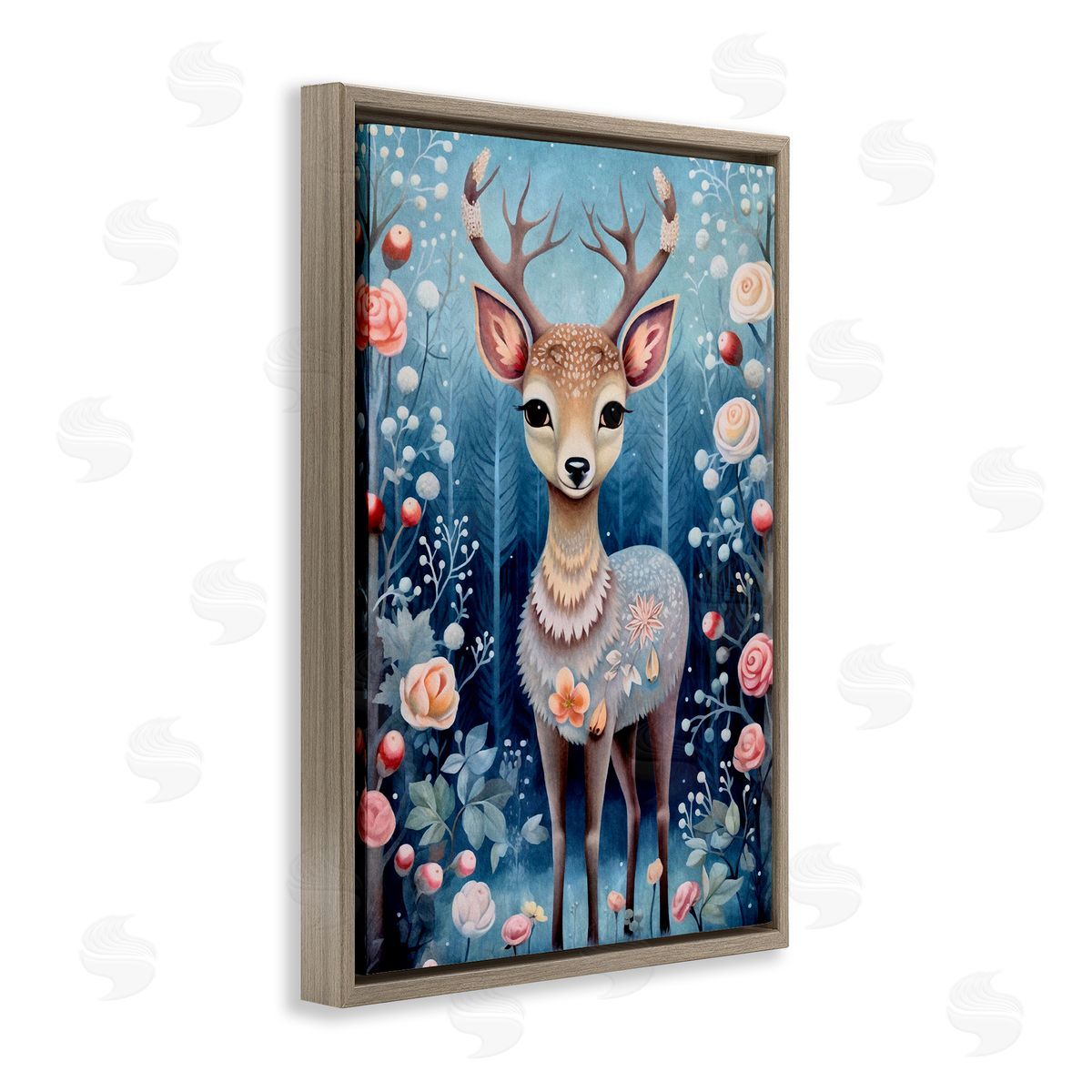 Woodland Pattern Deer Brown Floating Frame Canvas Wall Art, Home Decor by The Dutch Lady